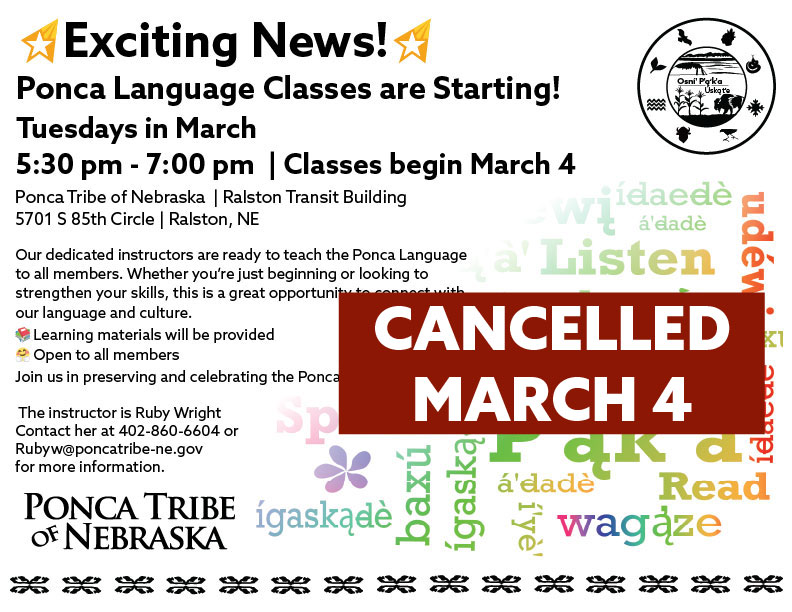 Read more about the article March 4th Ponca Language Class in Ralston Cancelled